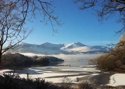 Winter landscape of snow-covered mountains and frozen lake under a clear blue sky.
