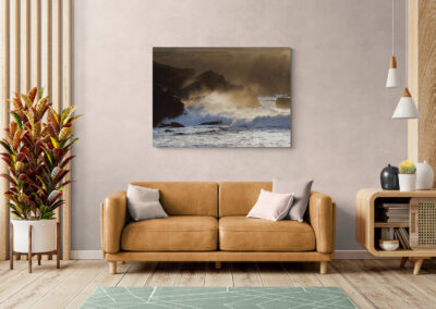 Coastal living room with leather sofa, ocean art print, and decorative plant