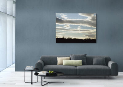 Modern living room with gray sofa, blue wall, and landscape art.