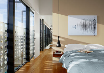 Modern bedroom with large windows, minimalist decor, and natural light. Features light blue bedding and a swan art piece.