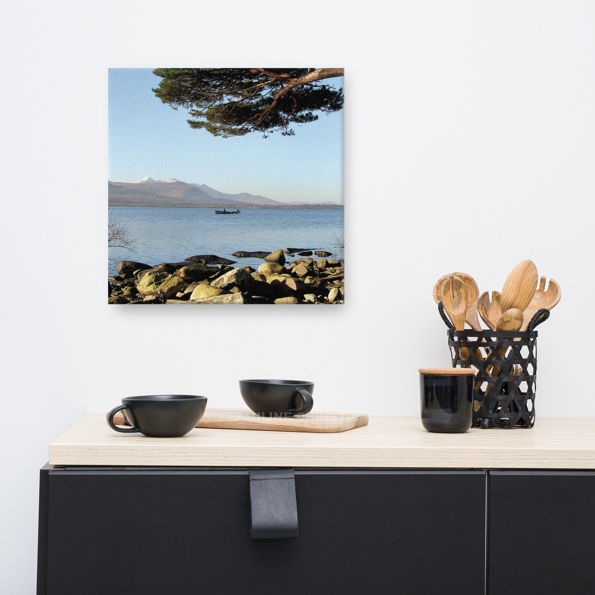 Scenic view of Killarney Lakes with a lone fisherman in a boat, under a tree.