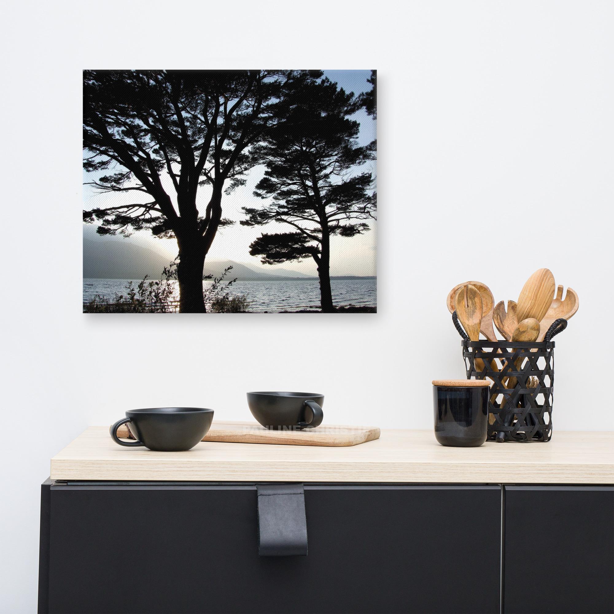Silhouette of trees at Killarney with a lake and mountains in the background.
