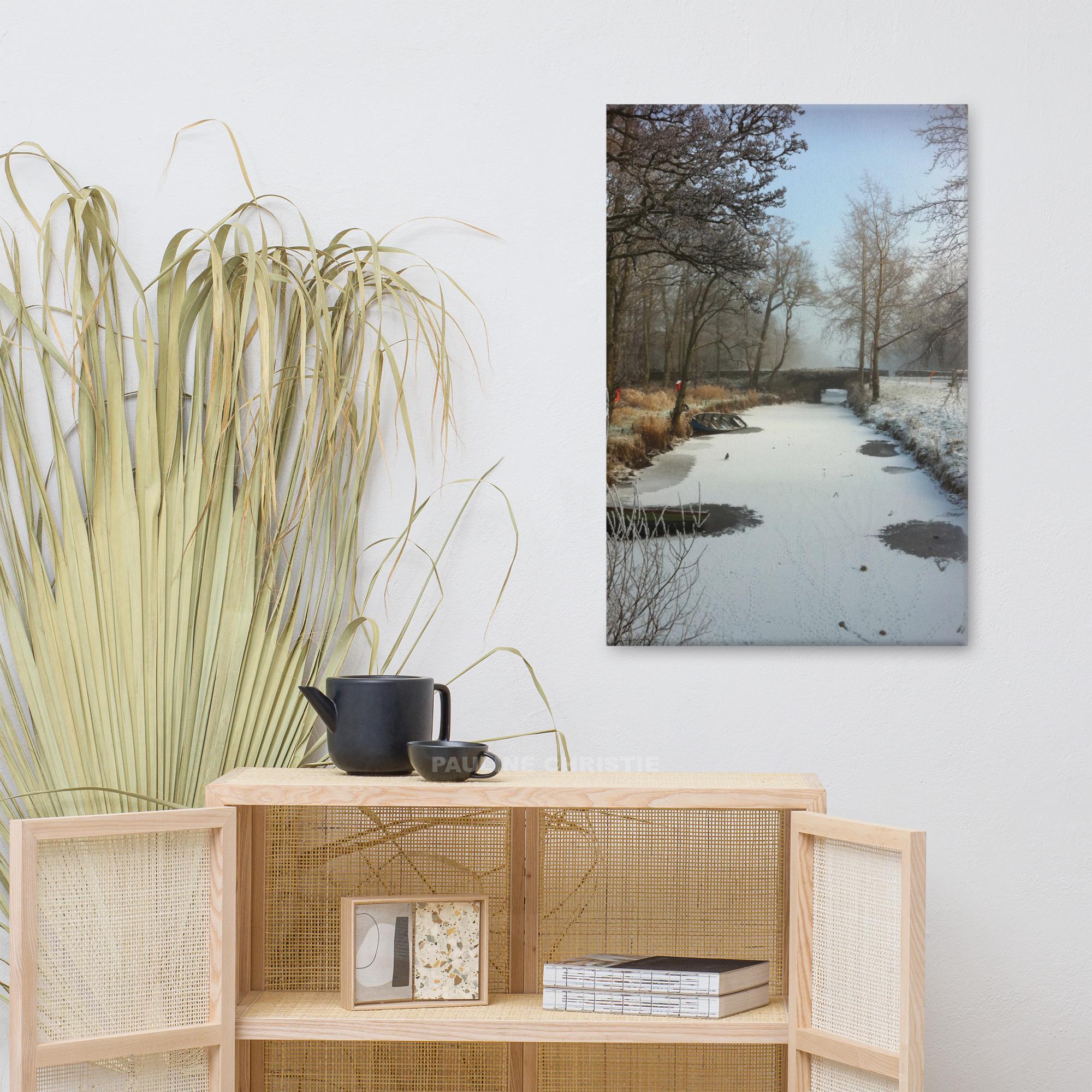 Frozen river in Killarney National Park, canvas print with bridge and trees, winter scene.